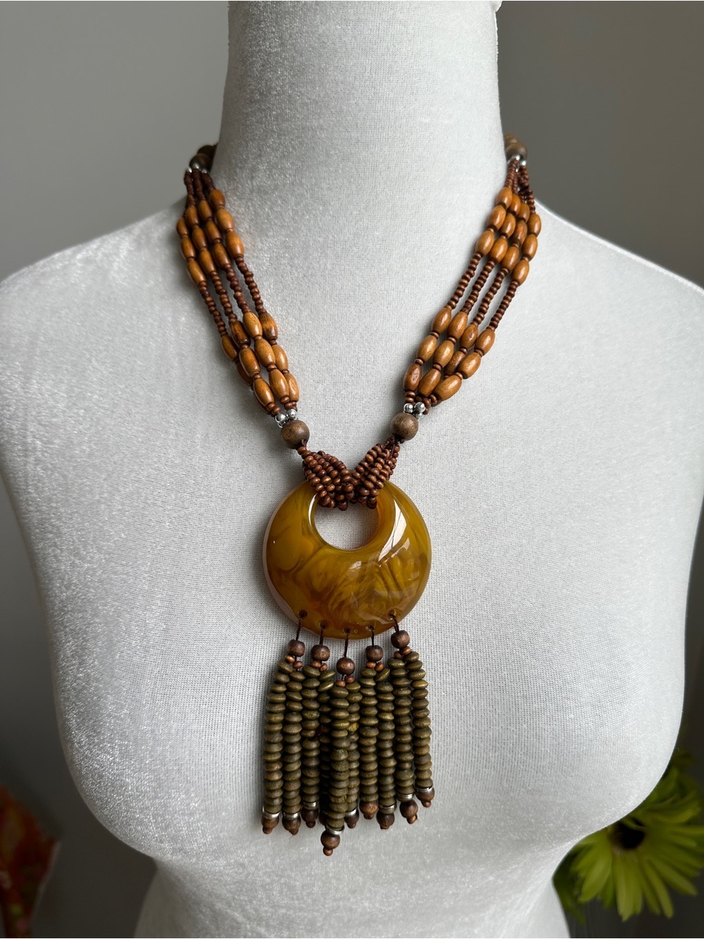 Boho Amber & Wood Bead Pendant Statement Necklace